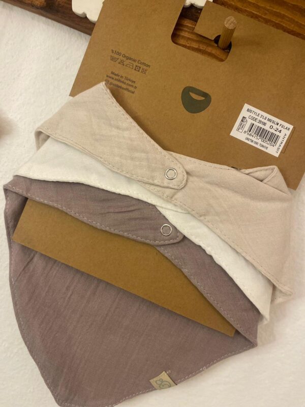 Bistyle %100 Organic Cotton 3'lü Müslin Fular Ekru-Beyaz-Gri - Image 4