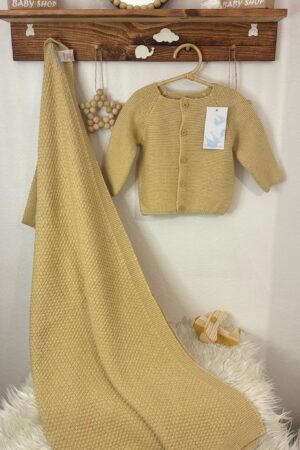 %100 Pamuklu Hardal Rengi Bebek Hırka-Battaniye Takımı 3-6 6-12 12-18 18-24 Ay
